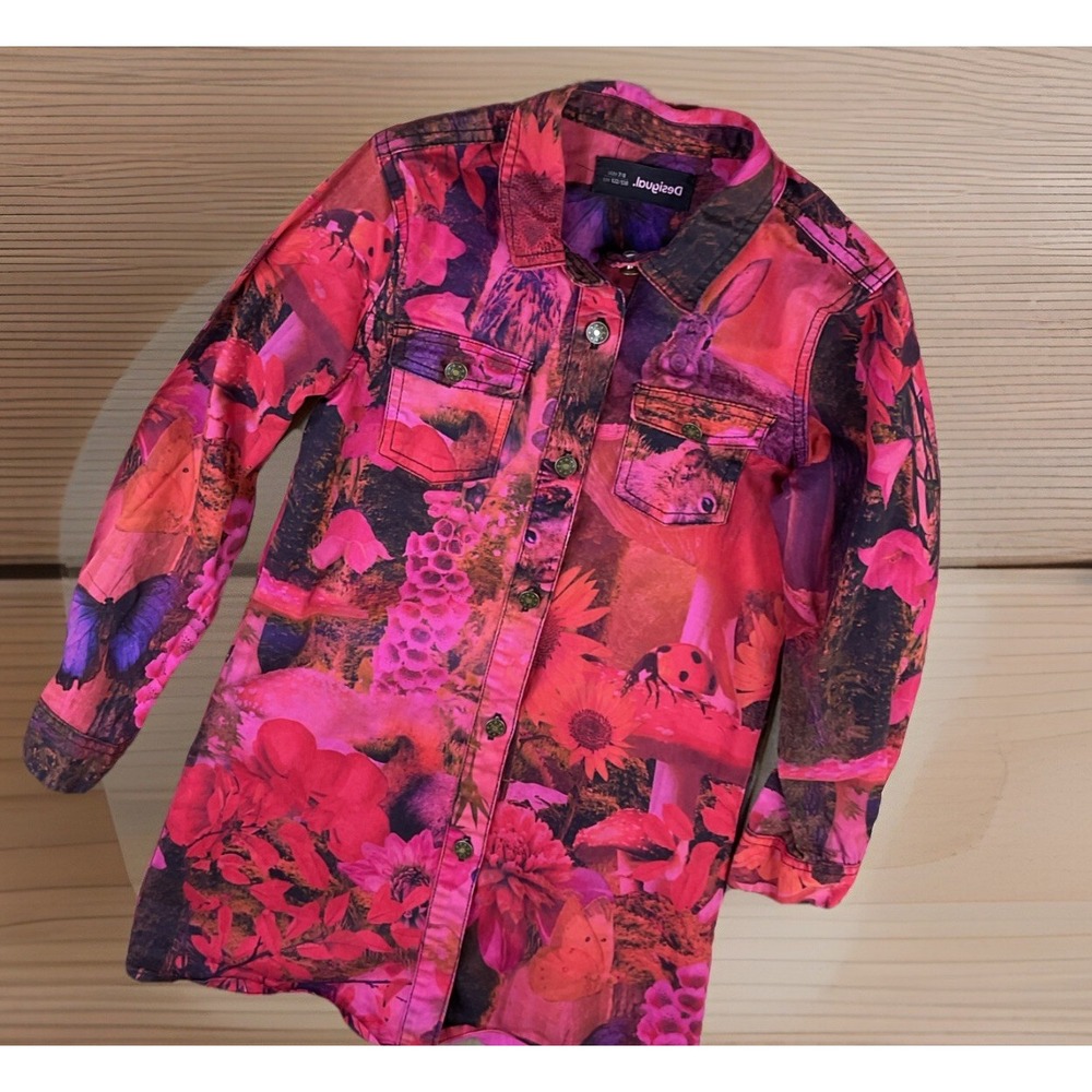 Desigual Girls Button Front Dress Sz‎ 7/8 Long Sleeve Owl Rabbit Animals Floral